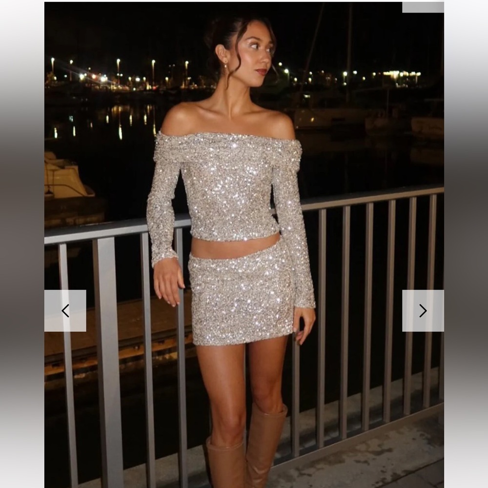 12th Tribe Champagne Nights Off Shoulder Sequin Top and Skirt